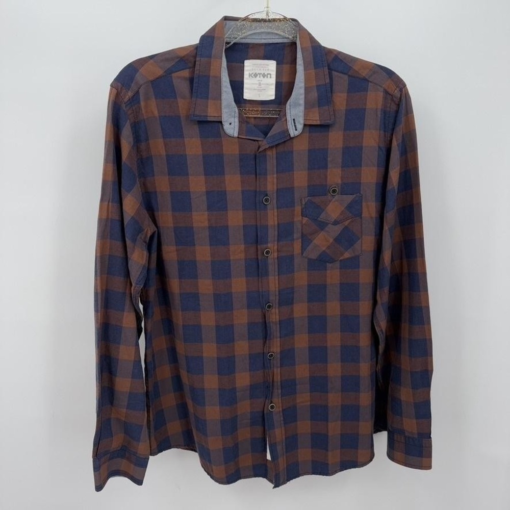 Koton Shirt Mens Sz L Blue Brown‎ Plaid Long Sleeve Grunge Skater Cotton Blend